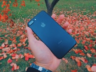 A hand holds a black smartphone with an apple logo on the back, surrounded by vibrant red and orange autumn leaves scattered on the green grass.