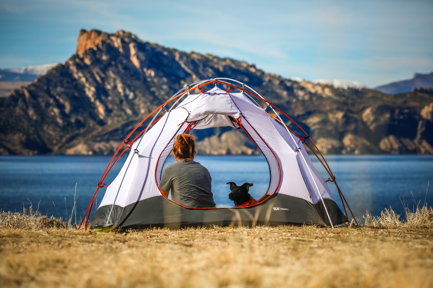 Woman sitting in tent with black dog looking out at lake and mountain landscape.