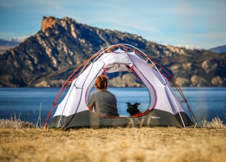 woman and a dog inside outdoor tent near body of water