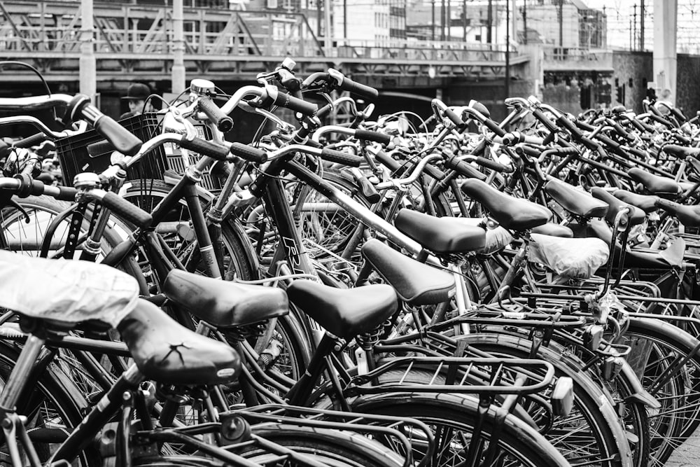 greyscale photography of bicycle display