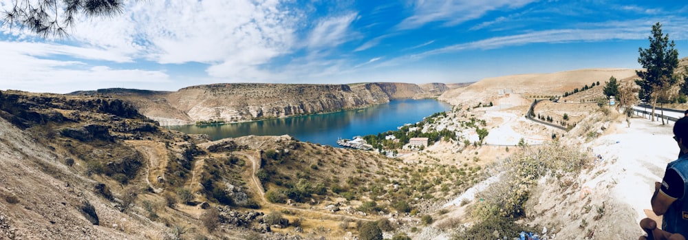 aerial view of body of water surrounded by mountain