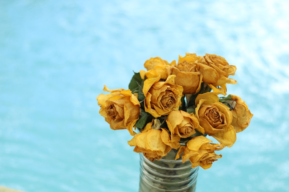 Roses jaunes dans un vase en verre transparent