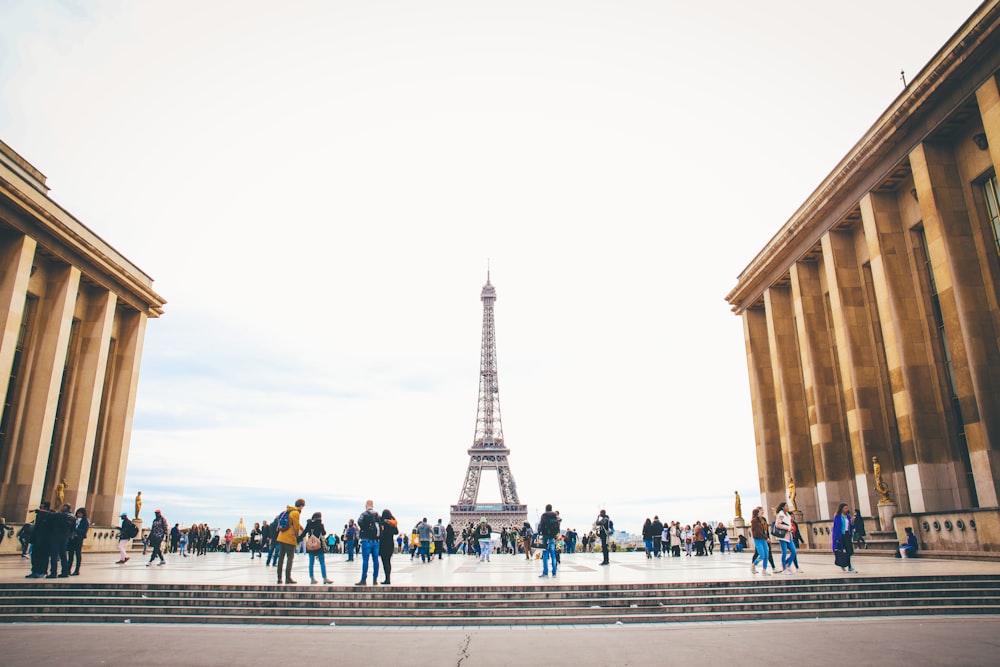 gente de pie mientras mira la torre Eiffel