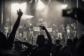 A lively concert scene with a large crowd facing a stage where several performers and a DJ are present. The audience has their hands raised in excitement, capturing the energetic atmosphere. The lighting is dramatic with spotlights emphasizing the performers.