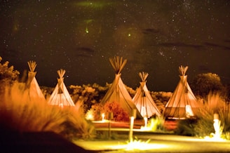 A row of illuminated teepees under a starry night sky with some visible greenery and vegetation in the foreground. The scene is warmly lit, suggesting a serene and tranquil outdoor setting.
