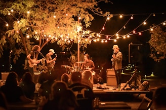 A nighttime outdoor concert featuring a band performing on a small stage. Strings of colorful lights drape overhead, creating a warm glow. The band consists of a drummer, a guitarist, a bassist, and a lead singer. An audience is present, enjoying the music under a large tree.