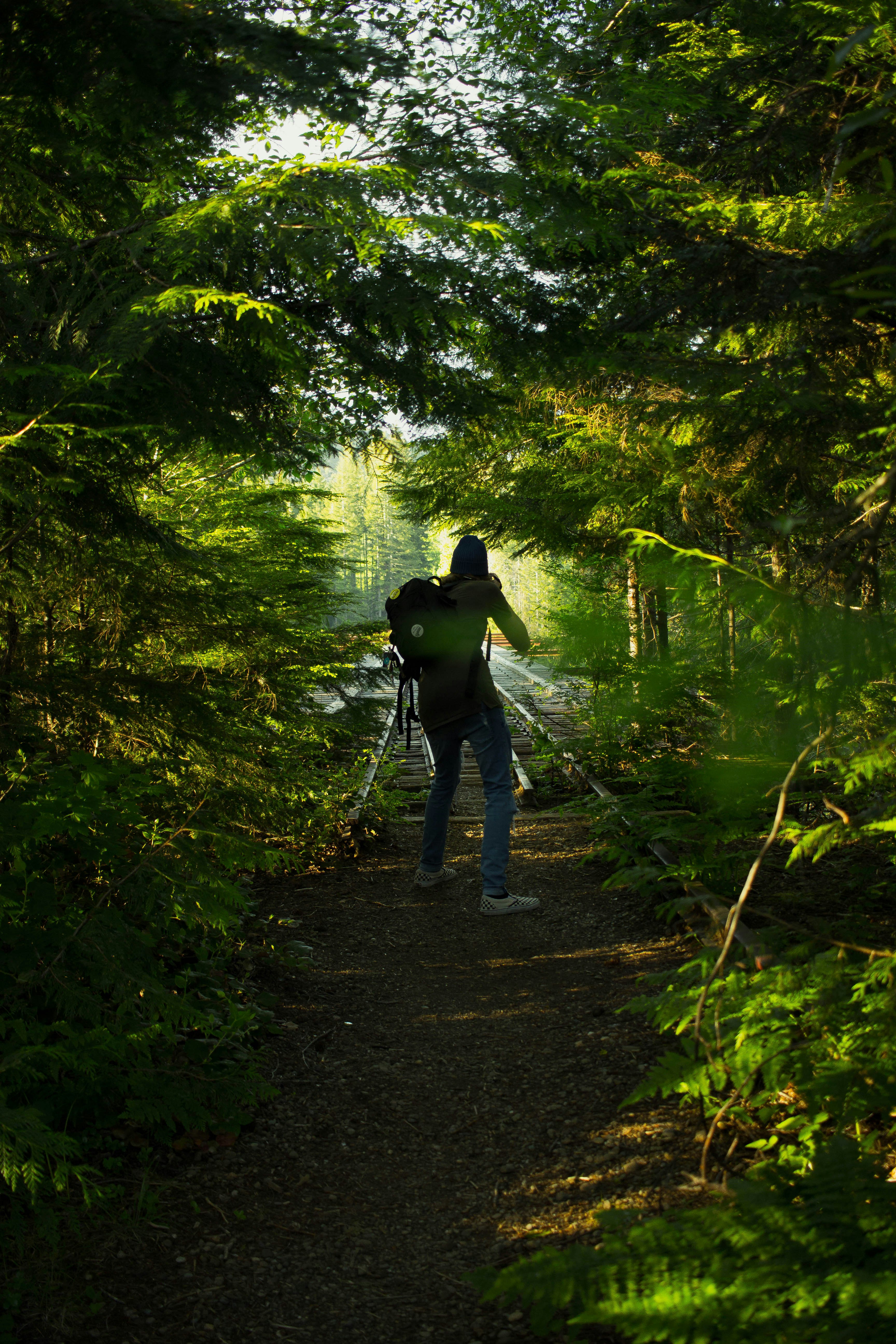 man in black jacket walking on pathway in between trees during daytime