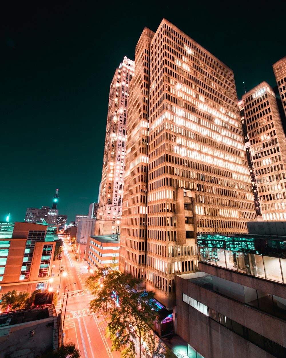 orange high-rise building with light