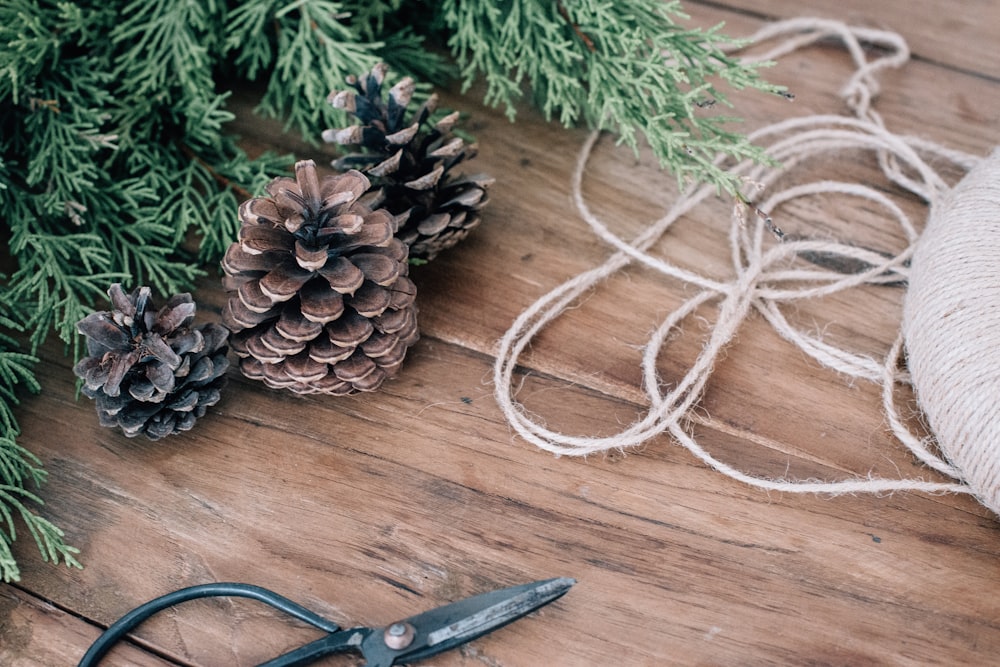 pine cones beside Christmas tree