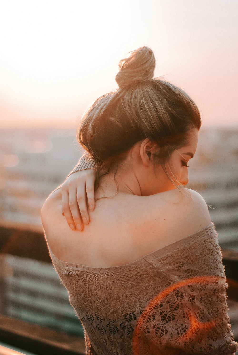 woman in beige lace top