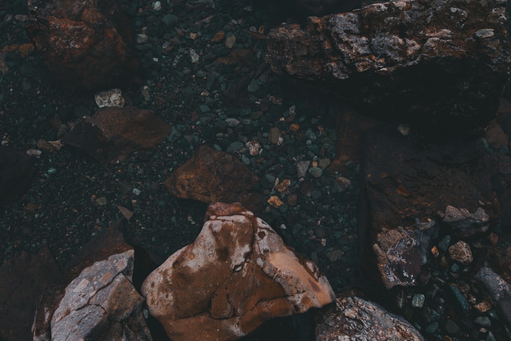 op view of brown rock on ground