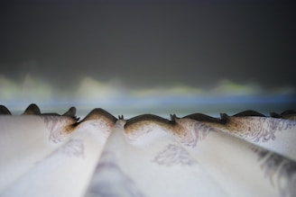 A close-up view of pleated curtains, possibly with intricate patterns, against a softly blurred background suggesting a twilight sky. The perspective focuses on the folds and details of the fabric.