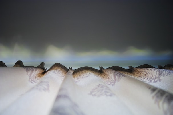 A close-up view of pleated curtains, possibly with intricate patterns, against a softly blurred background suggesting a twilight sky. The perspective focuses on the folds and details of the fabric.