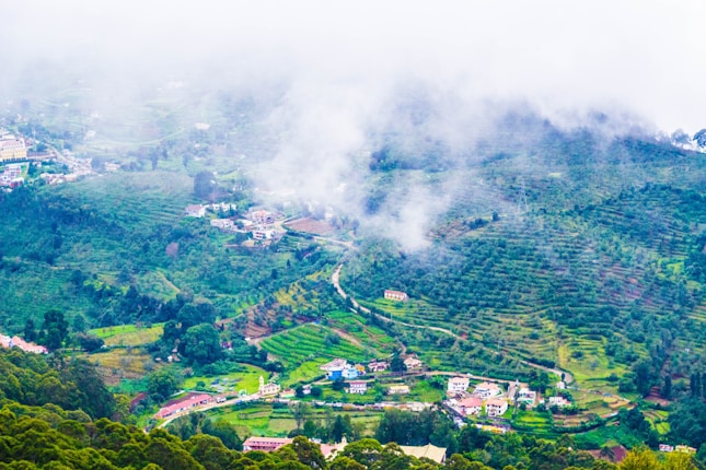 A lush green landscape with rolling hills partially shrouded in mist. There are scattered buildings nestled among the terraced fields and trees. The atmosphere is serene and tranquil, with clouds hovering over the verdant scenery.