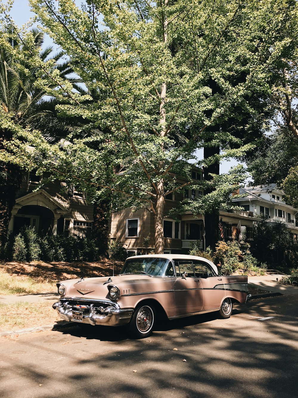 vintage pink sedan parked in front of tree