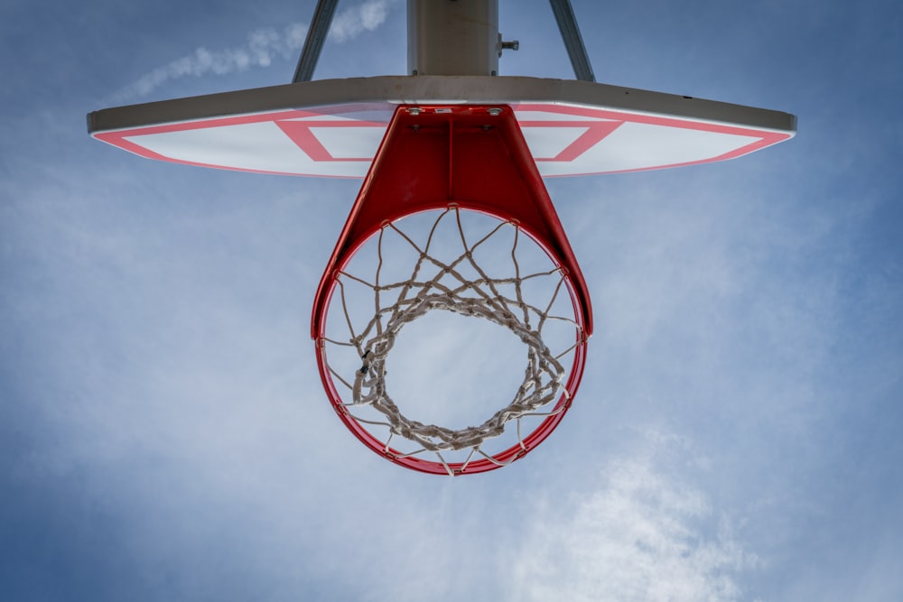 high-angle photography of red and white basketball system