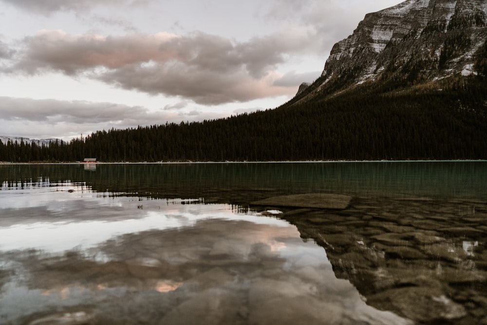 body of water near cliff under white clouds