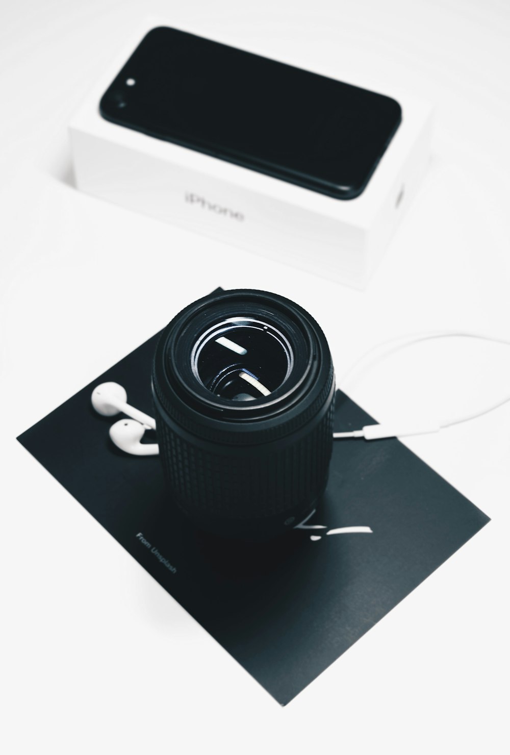 black zoom lens and iPhone box