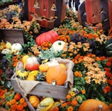 Seasonal garden decorations with pumpkins and autumn leaves creating a festive atmosphere.