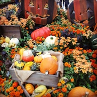 A vibrant display of seasonal crafts made by students, featuring autumn leaves and pumpkins.