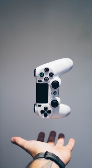 white Sony PS4 DualShock controller over person's palm