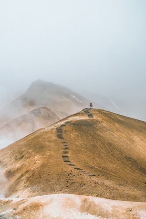 man on top brown hill