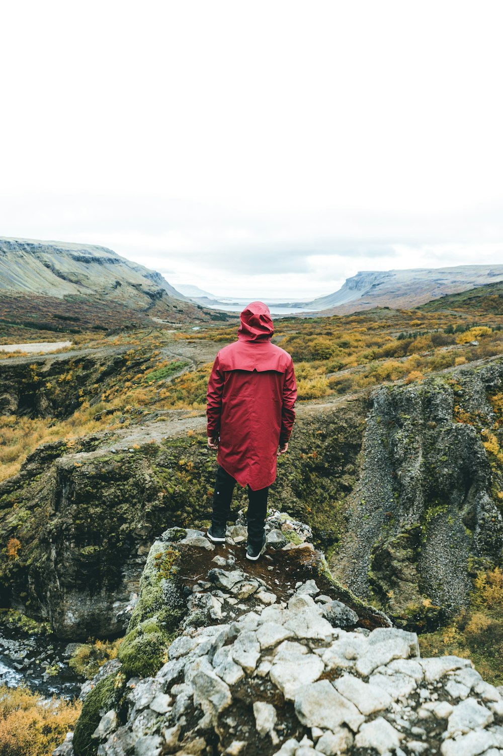 man standing wearing red jacket on top of mountain
