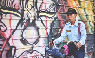 A man in a security uniform rides a bicycle past a vibrantly colored graffiti mural on a wall. His uniform consists of a light blue shirt with a security badge and a matching cap. The mural features abstract designs with bold lines and a mix of colors like red, yellow, and black.