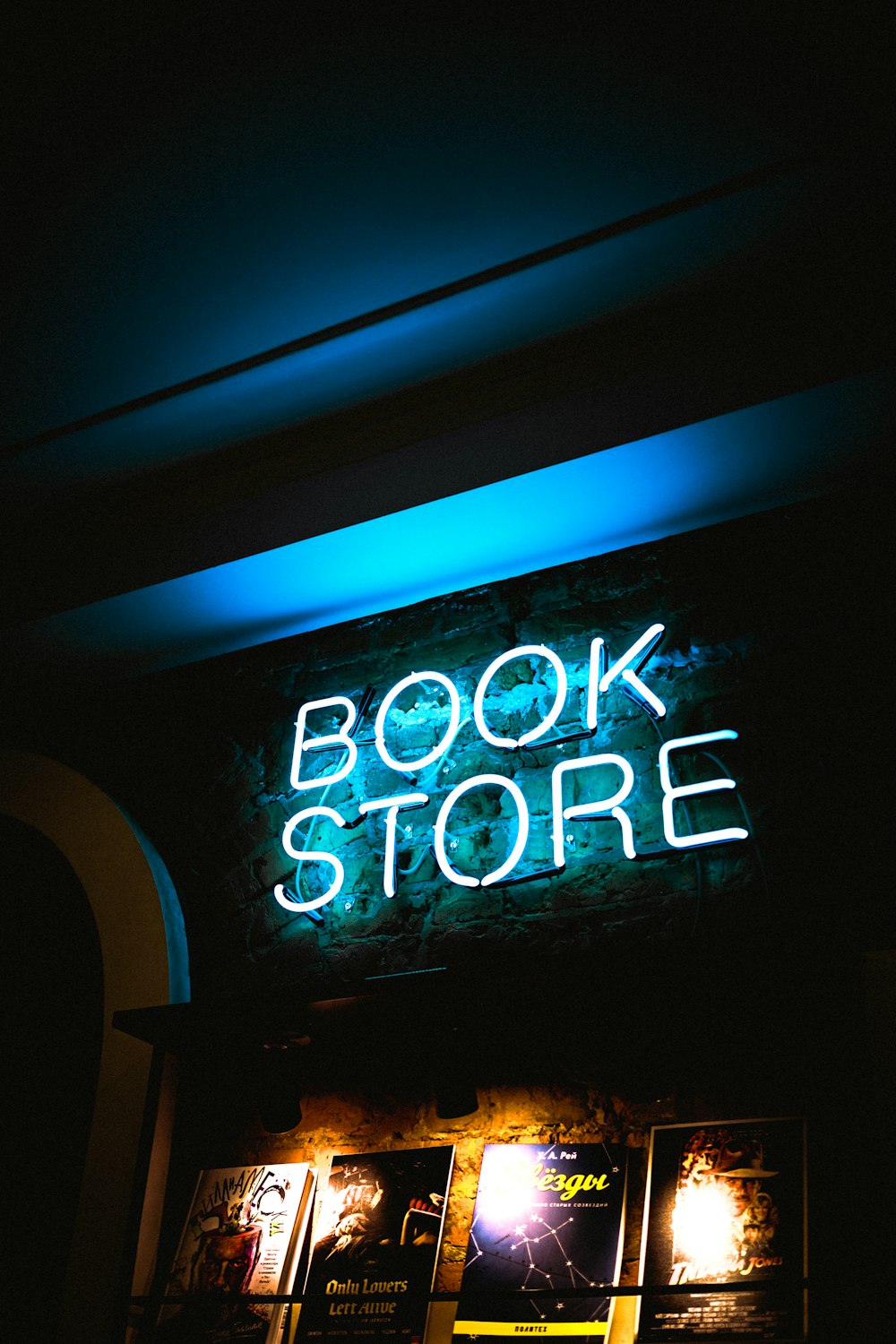 Enseignes lumineuses de la librairie bleue