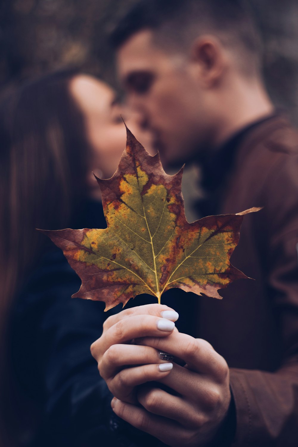 man and woman holding leaf while kissing