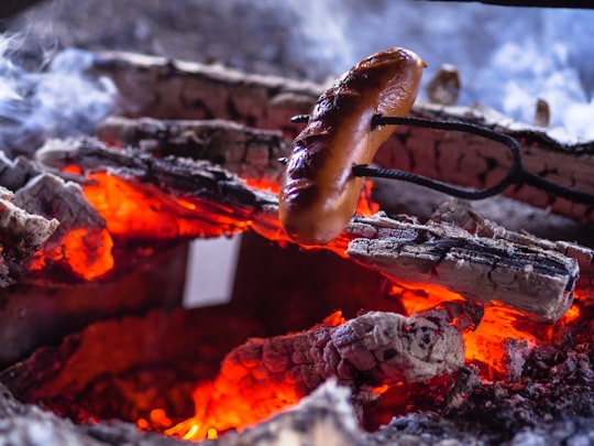 brown sausage on charcoal grill in Kuhankuono Finland