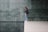 A person stands on the edge of a polished floor near a reflective water surface. The background features large green marble tiles with a natural pattern.