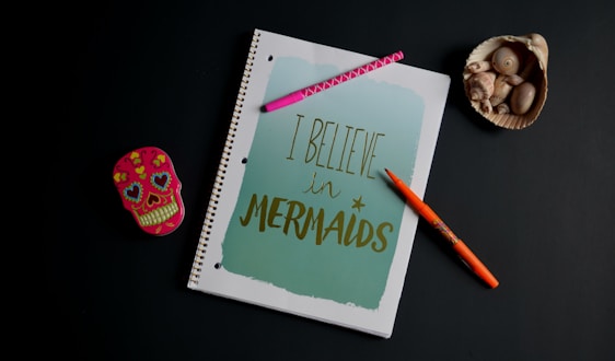 A spiral notebook with a cover reading 'I Believe in Mermaids' in gold writing on a light blue background. Surrounding the notebook are a pink pen with a zigzag pattern, an orange pen with a floral design, a decorative skull-shaped tin with colorful hearts and flowers, and a seashell containing smaller shells.