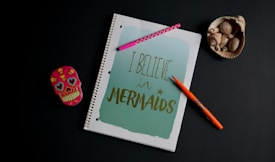 A spiral notebook with a cover reading 'I Believe in Mermaids' in gold writing on a light blue background. Surrounding the notebook are a pink pen with a zigzag pattern, an orange pen with a floral design, a decorative skull-shaped tin with colorful hearts and flowers, and a seashell containing smaller shells.