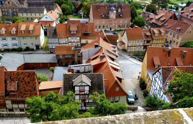 Panoramic view of the historic village of Rohan with timber-framed houses and cobbled streets