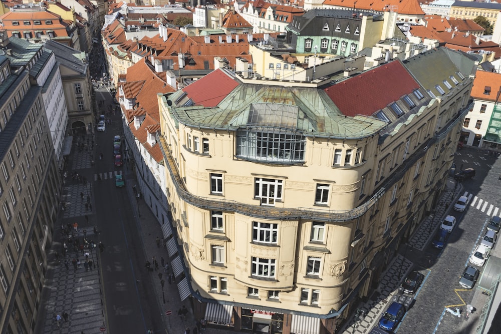 an aerial view of a building in a city