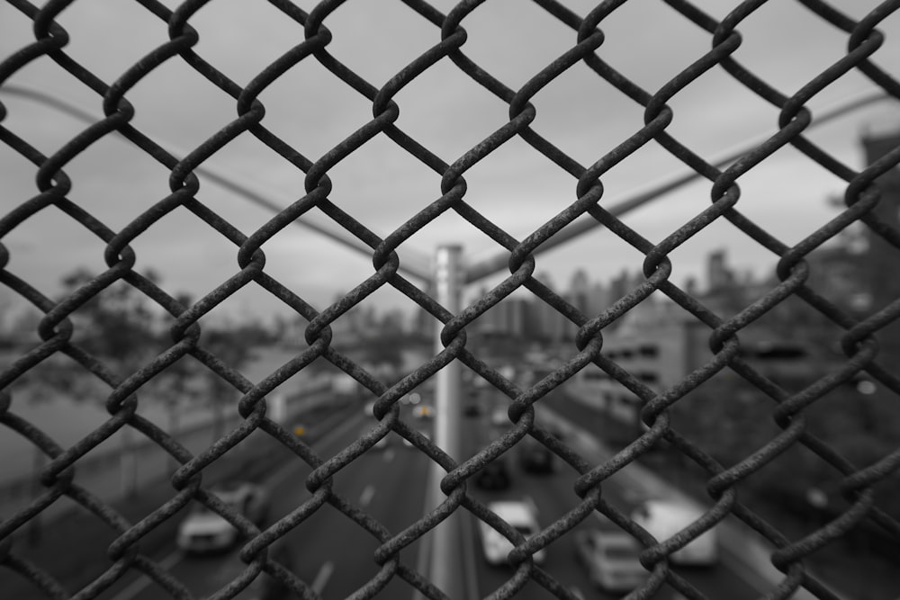 fotografia in scala di grigi della recinzione in rete