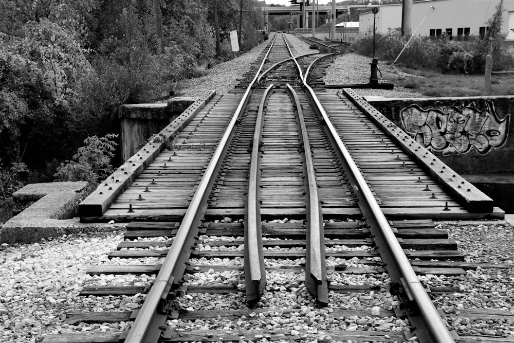 Fotografia in scala di grigi della rotaia del treno