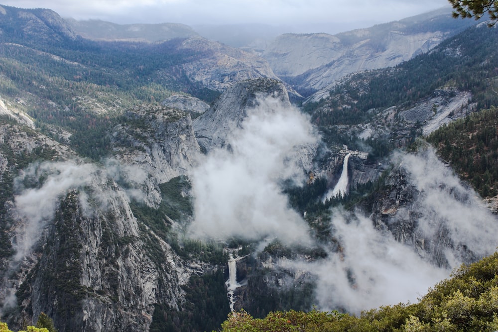 top view of mountain covered with fogs