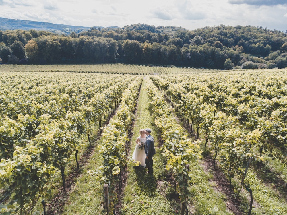 bride and groom standing on grass field