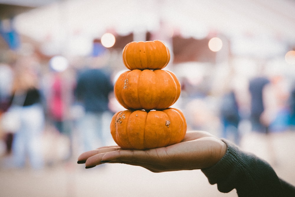 three pile of pumpkins on person's palm