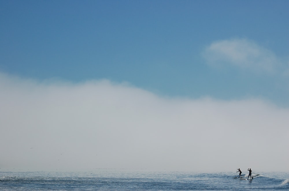 silhouette of two persons surfing