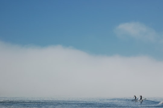 silhouette of two persons surfing in Santa Cruz United States