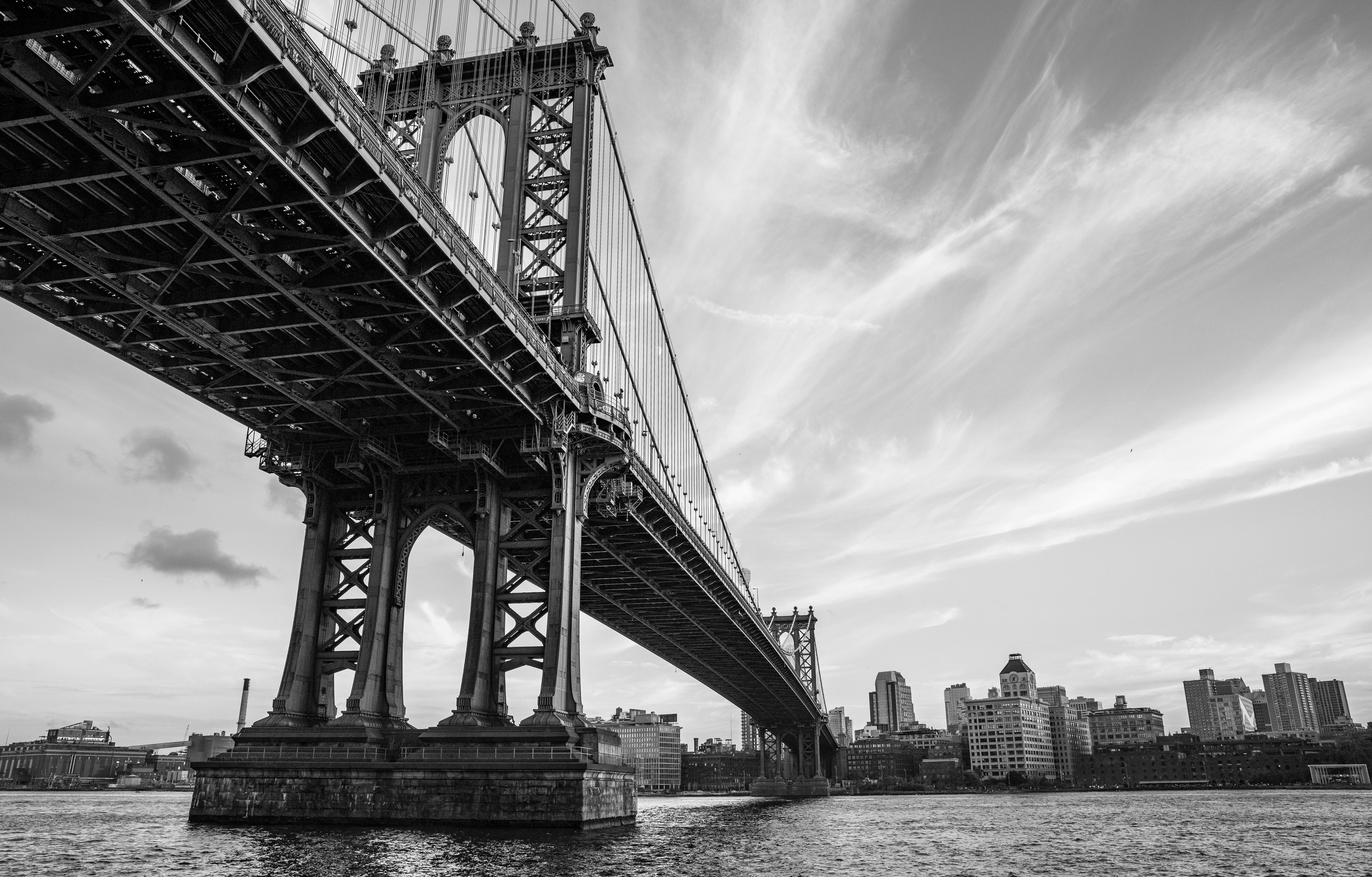 grayscale photo of Brooklyn Bridge New York
