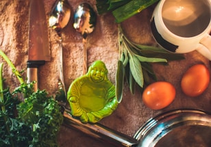 A serene kitchen scene with fresh ingredients and cooking tools.