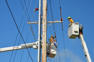 Two utility workers in safety gear are using bucket trucks to work on a power line. The sky is clear and blue, providing a backdrop to the scene. Both workers are elevated in their respective buckets, focusing on tasks related to the maintenance or repair of the electrical infrastructure.