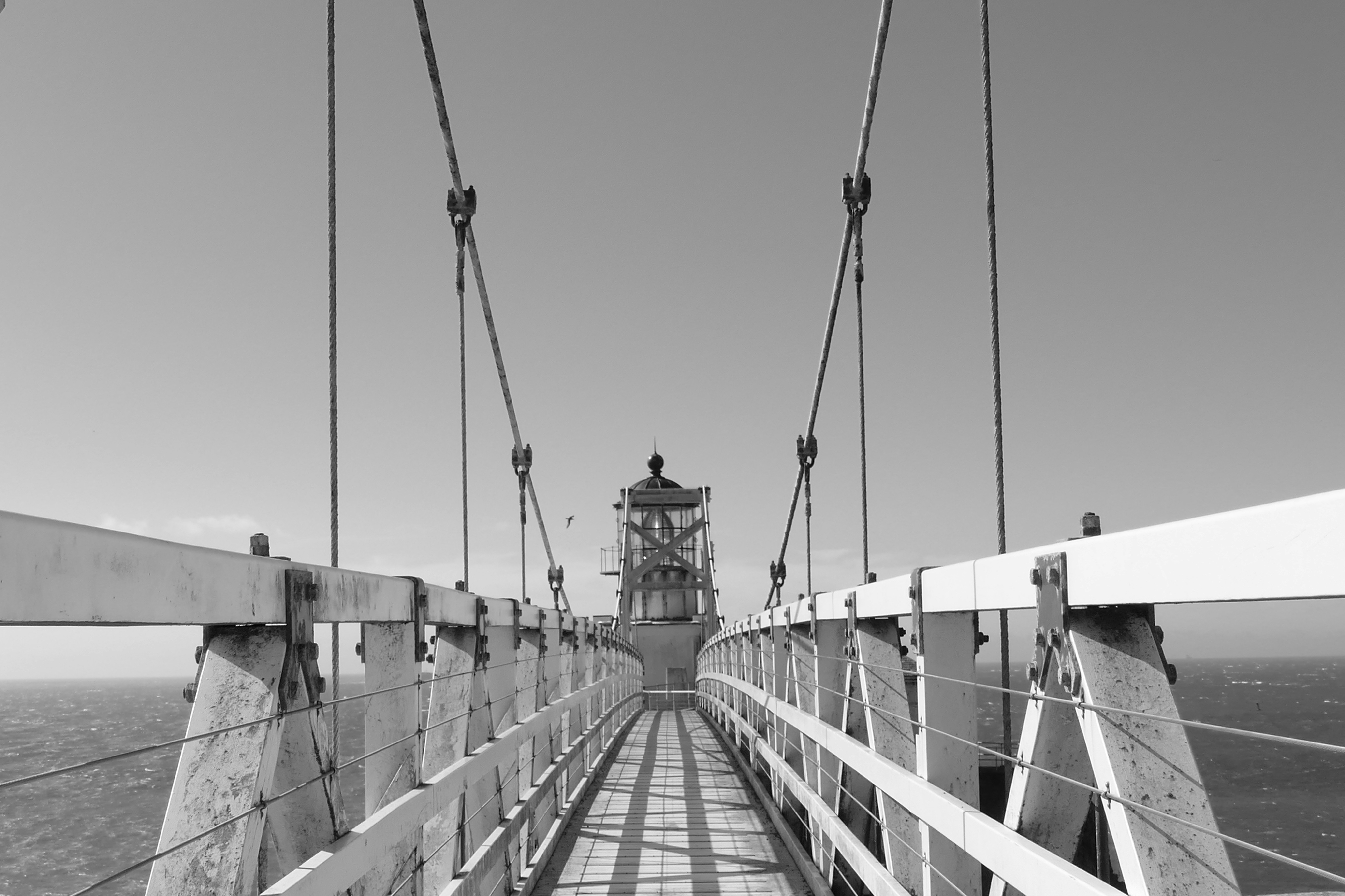 grayscale photography of wooden dock, Point Bonita Lighthouse