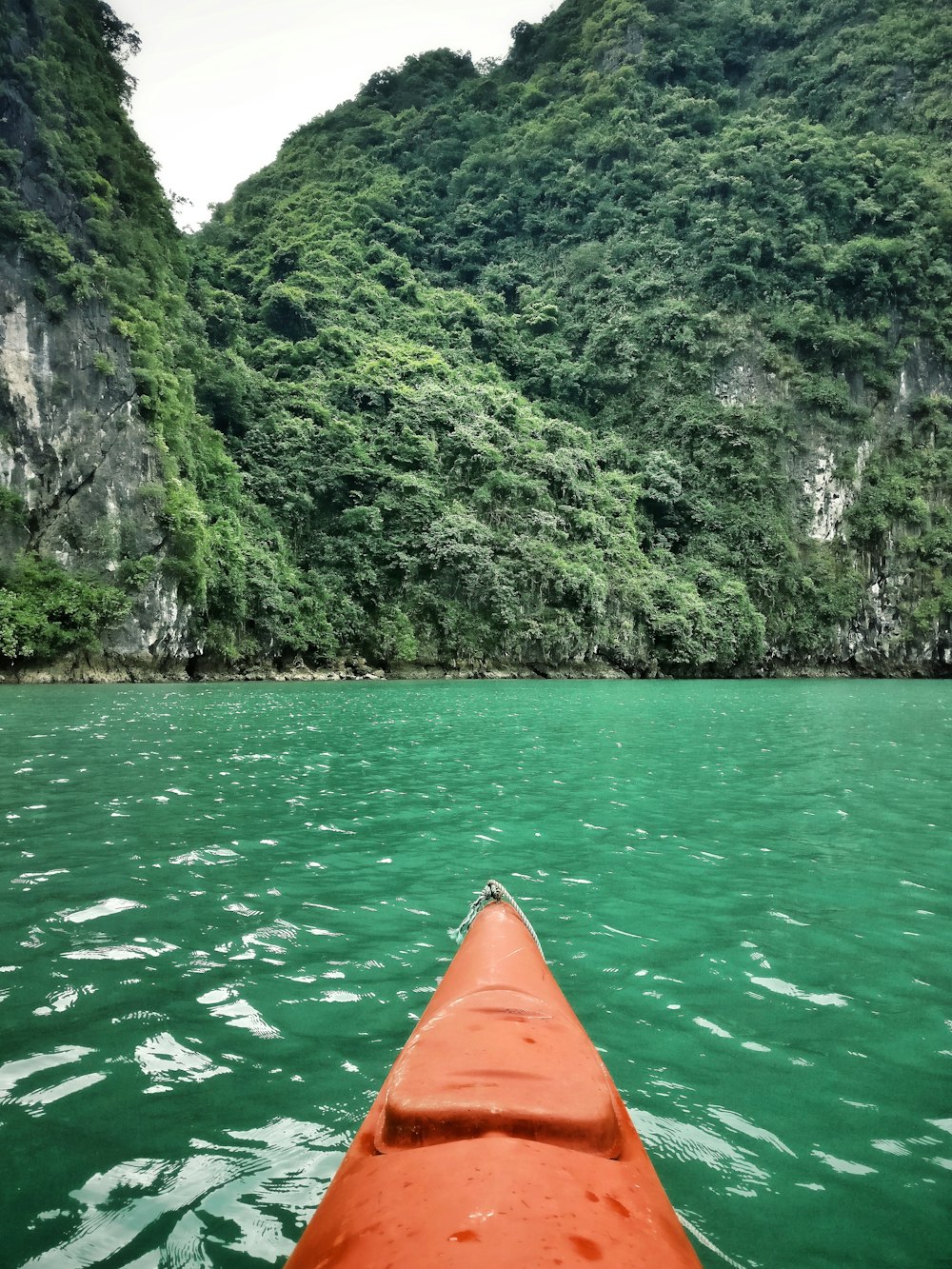 orange kayak on green body of water viewing mountain