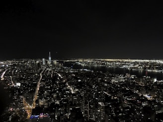 A nighttime cityscape featuring a densely packed skyline with a river running through the city. Numerous skyscrapers are lit up, and streets are illuminated with streetlights and car lights, creating a vibrant urban glow. The tallest building has a distinct spire, standing prominently among other high-rise structures.