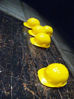five yellow hard hats on gray surface